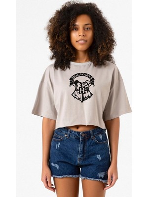 Hp Hogwarts Taş Rengi Kadın Crop Kapşonlu