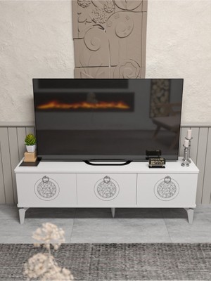 İşsevenler Tv Sehpası Tv Ünitesi Beyaz Gümüş 160 Cm Saraylı 5063