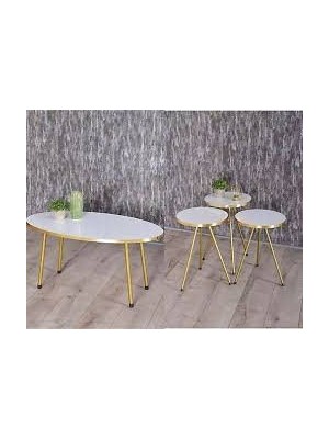 Zigon Sehpa ve Orta Sehpa Elips Gold Metal Ayak Gold Beyaz Set