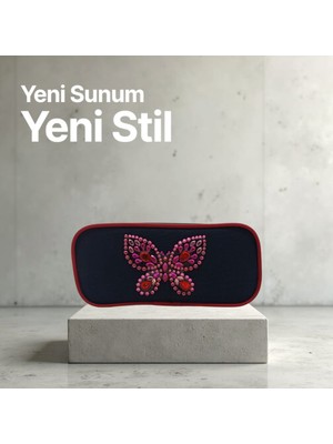 Style Kabartmalı Kelebek Desenli Siyah Kumaş Kalem Çantası