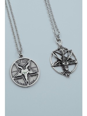 Alooya 2'li Lucifer Morning Star Ters Pentagram Keçi Kafası Gümüş Kaplama Kolye Seti