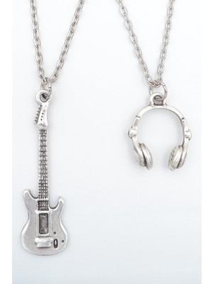 Alooya 2'li Elektro Gitar - Kulaklık Gümüş Kaplama Kolye Seti