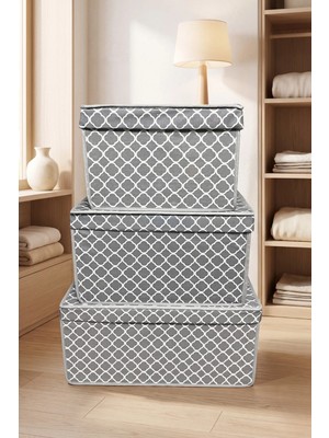 Vaybe 3lü Set Oda Toparlayıcı ,oda Düzenleyici,oyuncak Kutusu,makyaj Kutusu,hurç, Zincir Desenli Gri