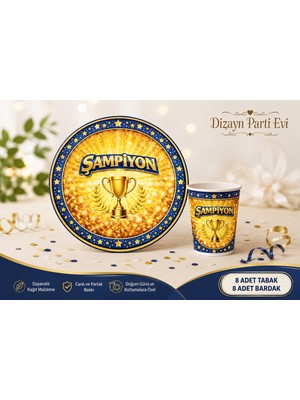 Dizayn Parti Evi Şampiyon Temalı Parti Seti 8 Kişilik Karton Tabak ve Bardak Seti Gold Kırmızı Siyah Lacivert Doğum Günü Konsepti