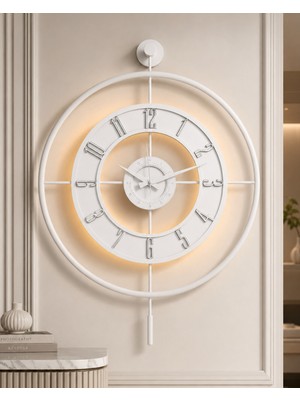 Empressco Modern Metal ve Cam Duvar Saati 60X80 Cm, Işıklı, Beyaz ve Gümüş Detaylı
