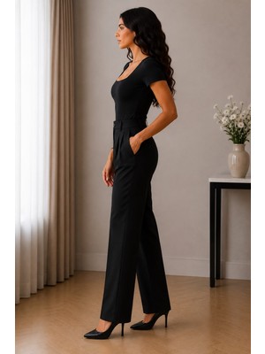 Thb.Edition Kadın Kare Yaka Kısa Kollu Çıtlıtlı Body