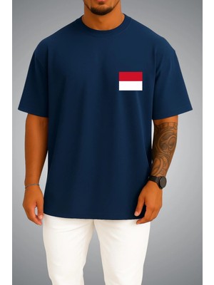 Bahriyeli Collection Oversize Monako Bayrağı Cep Baskılı Unisex T-Shirt