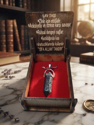 Meneva Aksesuar Volkanik Dokulu Doğal Taş Çivi Model Ahşap Kutulu Kolye