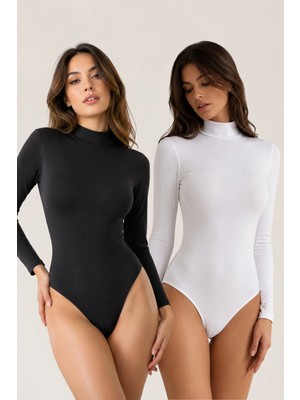Fevien Kadın 2'li Paket Uzun Kollu Yarım Balıkçı Dik Yaka Pamuklu Kopçalı Body - Esnek Basic Çıtçıtlı Badi Seti