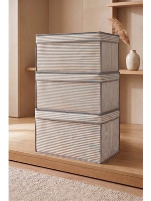 Vaybe 3'lü Set Mini Çok Amaçlı Saklama Kutusu Gri Çizgili Oyuncak ve Kıyafet Düzenleyici Hurç 30X40X25 cm