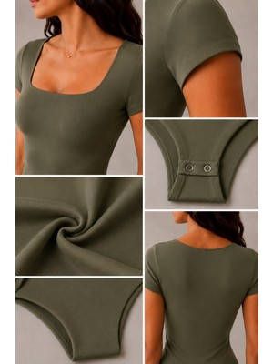 Thb.Edition Kadın Kare Yaka Kısa Kollu Çıtlıtlı Body