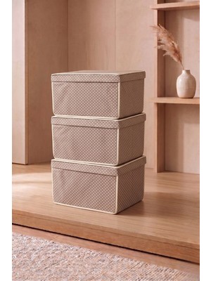 Vaybe 3'lü Set Mini Çok Amaçlı Saklama Kutusu Krem Puantiyeli Oyuncak ve Kıyafet Düzenleyici Hurç 30X40X25 cm