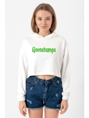 Tshirthane Goosebumps Lettern Ekru Kadın Crop Kapşonlu
