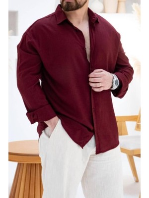 Aura Giyim Erkek Petek Keten Oversize Rahat Kesim Uzun Kollu Yazlık Gömlek