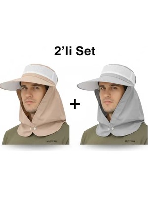 Mustran 2'li Set Yazlık Hafif Ince Kumaş Geniş Siperli Enseli Güneş Şapkası Unisex Outdoor Safari Balıkçı