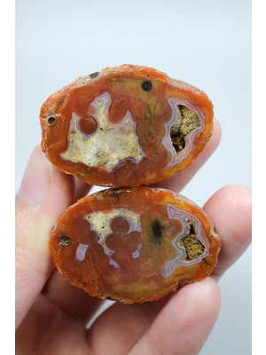 Healcrystal Carnelian Kırmızı ve Yakılmış Turuncu Bantlı Siyah Deniz Akik Çifti, Mor Göz Akik