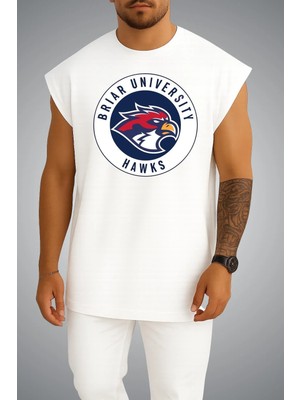 Bahriyeli Collection Oversize Off Campus Briar University Hawks Göğüs Baskılı  Beyaz Atlet
