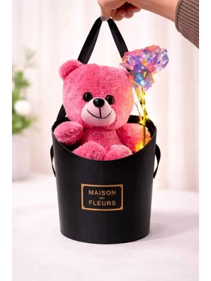 Işıklı Gül Detaylı Peluş Ayıcık Hediye Kutusu