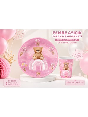 Dizayn Parti Evi Ayıcık Temalı Parti Seti 8 Kişilik Karton Tabak ve Bardak Seti Pembe & Mavi Doğum Günü Konsepti