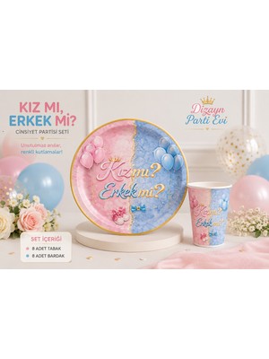 Dizayn Parti Evi Kız Mı Erkek Mi? Cinsiyet Partisi Seti 8 Kişilik Karton Tabak ve Bardak Seti Baby Shower Gender Reveal Konsepti