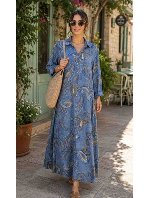 Park Moda Keten Boydan Desenli Ithal Elbise