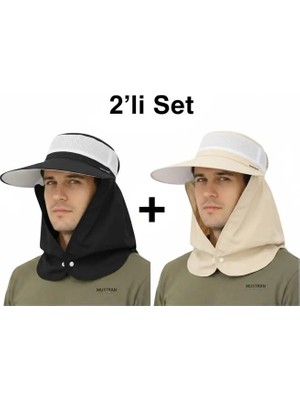 Mustran 2'li Set Yazlık Hafif Ince Kumaş Geniş Siperli Enseli Güneş Şapkası Unisex Outdoor Safari Balıkçı