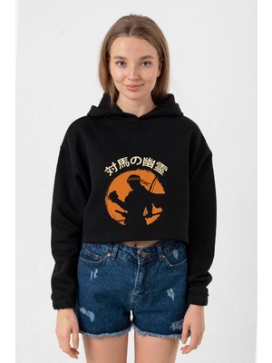 Tshirthane Ghost Of Tsushima The Island Japanese Siyah Kadın Crop Kapşonlu