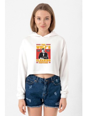 Tshirthane Pulp Fiction The Wolf's Cleaning Services Ekru Kadın Crop Kapşonlu