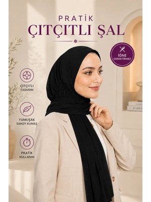 Loggia Hazır Pratik Penye Çıtçıtlı Şal - Geçmeli Geçme Tesettür Kadın Shawl Siyah