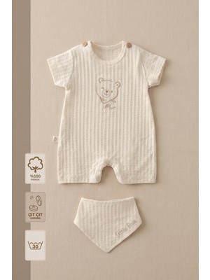 Minory Baby - %100 Pamuk Müslin Bebek Tulum Seti | Ayı Nakışlı | Fular Önlüklü