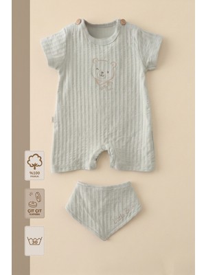 Minory Baby - %100 Pamuk Müslin Bebek Tulum Seti | Ayı Nakışlı | Fular Önlüklü