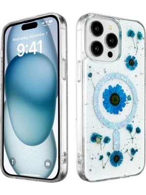 Fırsatkolik iPhone 15 Pro Kılıf Daisy Simli Magsafe Kapak - Mavi
