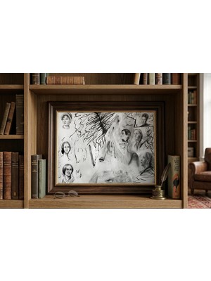 Clovendi Ünlü Kadın Yazarların Kömür Kalem Portreleri - Virginia Woolf, Jane Austen, Mary Shelley, Bronte Posterler
