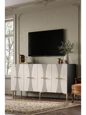 Yumedi Design KA1532AT - Merve Konsol, Tv Sehpası, Çok Amaçlı Dolap ve Kahve Köşesi 150CM Antrasit-Traverten