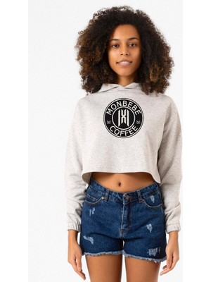 Tshirthane Monsta X Monbebe Coffee Beyaz Kırçıllı Kadın Crop Kapşonlu