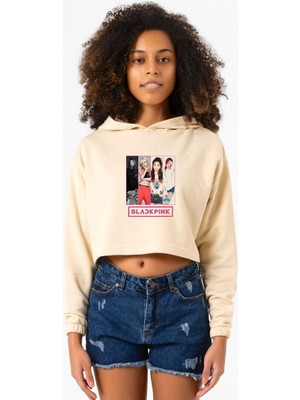 Tshirthane Black Pink Band Bej Kadın Crop Kapşonlu
