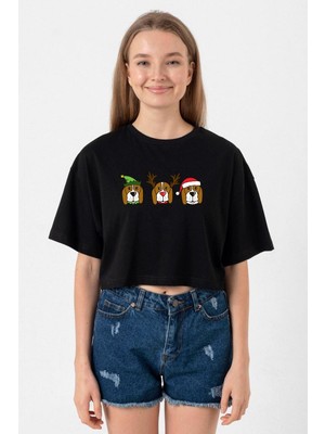 3 Wise Beagles Christmas Siyah Kadın Crop Tshirt