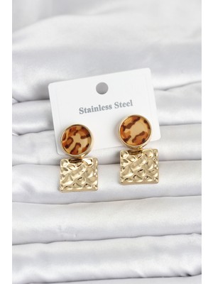 Clariss 316L Çelik Gold Renk Leopar Desenli Plaka Model Kadın Küpe