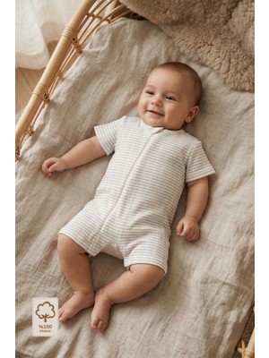 Minory Baby - Fermuarlı Çizgili Kısa Kollu Yazlık Bebek Tulum