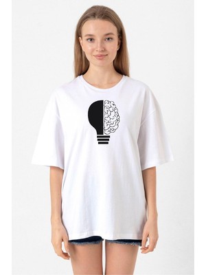 Lightbulb & Brain Beyaz Kadın Oversize Tshirt