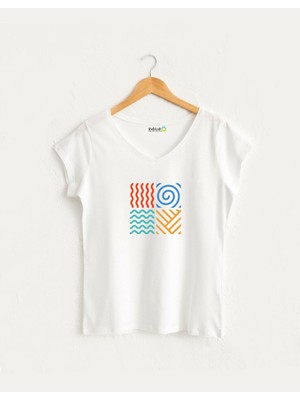 Kidilia Dört Element Görselli Kadın V Yaka %100 Pamuklu Tasarım T-Shirt - Beden: Xs