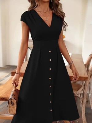Veraura Lifestyle Kadın Kısa Kollu V Yakalı Önden Düğmeli Midi Dokuma Viskon Elbise