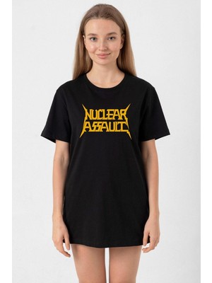 Nuclear Assault Lettern Siyah Kadın Oversize Tshirt