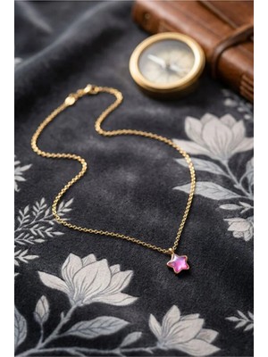 Rafiel Gold Pembe Taşlı Yıldız Kolye - Minimalist Zincir Kadın Takı