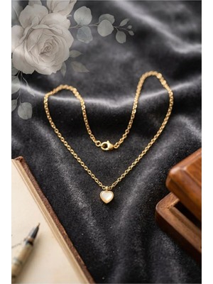 Rafiel Gold Sedefli Kalp Kolye - Kadın Minimalist Kalp Uçlu Zincir Kolye