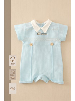 Minory Baby - %100 Pamuk Müslin Bebek Tulum | Tren Nakışlı | Yakalı