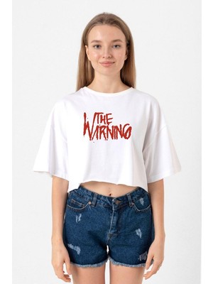 The Warning Logo Beyaz Kadın Crop Tshirt