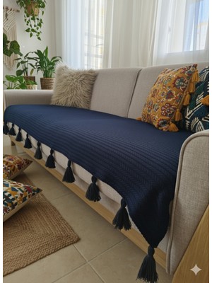 Empressco Lacivert Püsküllü Koltuk Örtüsü 90X210 Cm, Şık ve Koruyucu Tasarım