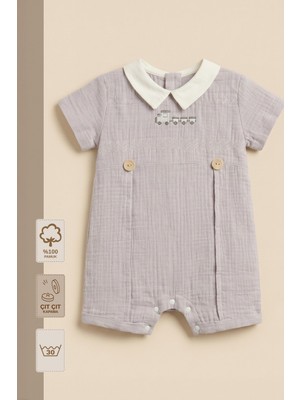 Minory Baby - %100 Pamuk Müslin Bebek Tulum | Tren Nakışlı | Yakalı