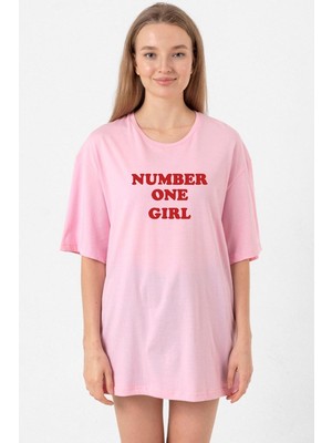 Rose Number One Girl Pembe Kadın Oversize Tshirt